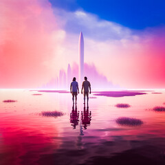 Paysage surréaliste avec deux silhouettes marchant vers un bâtiment pour le lancement d'une fusée au loin - Générative IA - obrazy, fototapety, plakaty