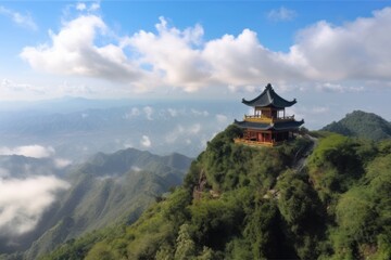 Fototapeta na wymiar chinese pagoda overlooking vast expanse of misty mountains, with clear blue skies and white clouds, created with generative ai