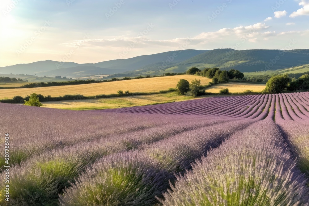 Canvas Prints lavender field in the sun, with a view of the rolling hills, created with generative ai