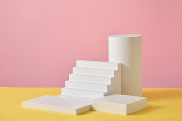 A set of white podium in different shapes. Mock-up for exhibitions or presentation of cosmetic...