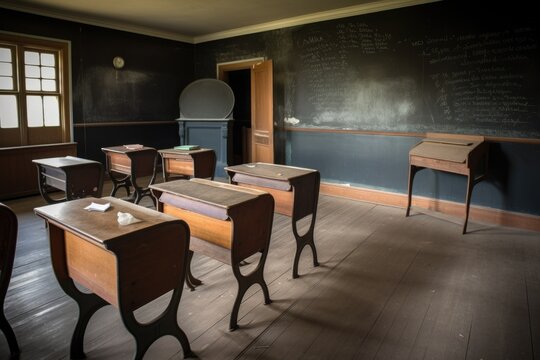 empty classroom, with vintage desks and chalkboards for a classic look, created with generative ai