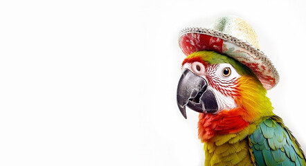Сolorful parrot in hat isolated on white  background