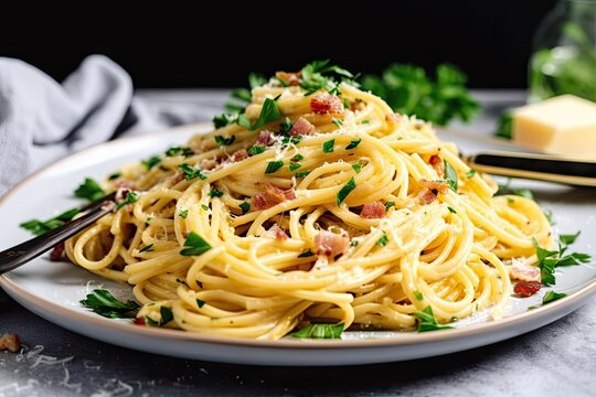 spaghetti carbonara topped with fresh herbs for garnish, created with generative ai