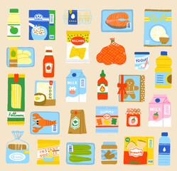 Set of hand drawn grocery food and drink items icons. Supermarket products pattern background vector. Flat icons isolated on cream background.