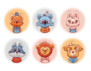 Vector avatar stickers with cute cartoon animal characters: lion, rabbit, cat, dog, raccoon and koala.