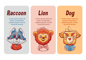 Vector cards of cute cartoon raccoon, lion and dog.