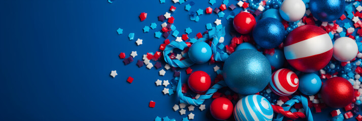 USA independence day party attributes on blue background and flag color. Generative AI tehnology
