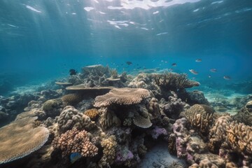 underwater shot of vibrant coral reef, schools of fish swimming among the corals, created with generative ai