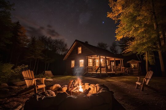 cozy cabin retreat with view of the starry night sky, topped off with a campfire and marshmallows, created with generative ai © Alfazet Chronicles