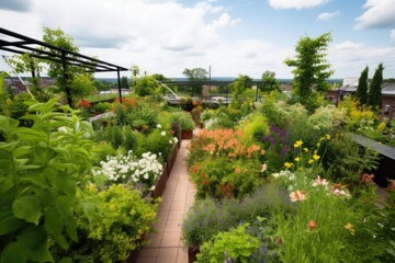 Naklejka premium rooftop garden with lush greenery and blooming flowers, created with generative ai