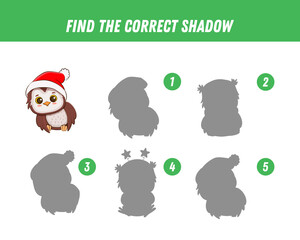  Find correct shadow of cute owl. Educational logical game for kids. Christmas game. Cartoon owl.