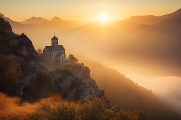 view of chapel surrounded by misty mountains with sunrise in the background, created with generative ai