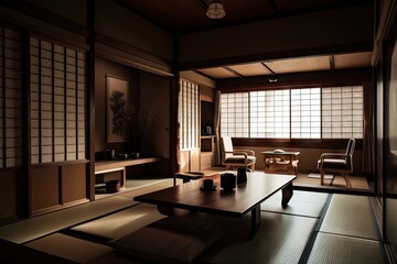 refined japanese interior with minimalist decor, delicate details and luxurious materials, created with generative ai