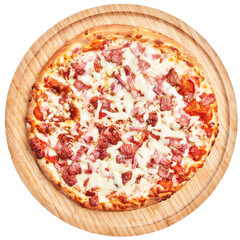  Wooden plate of italian bacon pizza over white isolated background