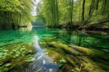 crystal-clear lake surrounded by lush, green forest, created with generative ai
