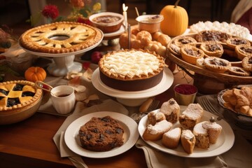Fototapeta premium table setting with a variety of holiday pastries, pies, and cakes, created with generative ai