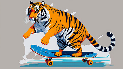 Fototapeta na wymiar Skater. Cute Grunge Vector Illustration with Cool Skating Tiger. Wild Cat on a Blue Skateboard Isolated on a White Background. Infantile Style, Card, Wall Art, Poster