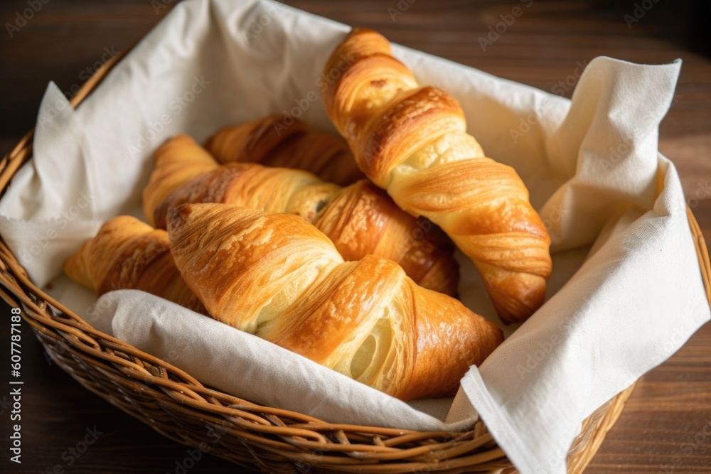 Sticker homemade croissants in a basket, ready to be baked, created with generative ai