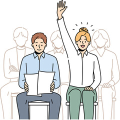 Woman raise hand volunteer at team meeting