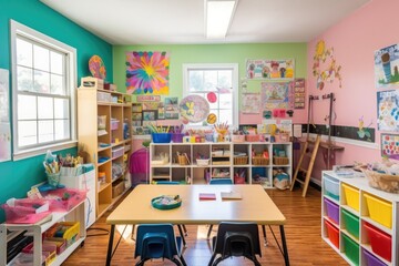 colorful classroom with arts and crafts supplies, books, and notebooks for young students, created with generative ai