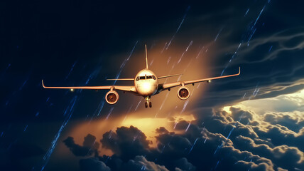 plane flies at night in a thunderstorm. Generative AI