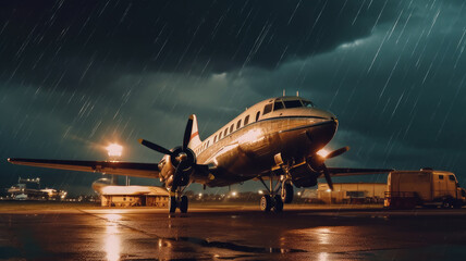plane flies at night in a thunderstorm. Generative AI