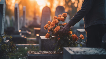 person leaving flowers on cemetery grave in memorial. generative ai - 607787576
