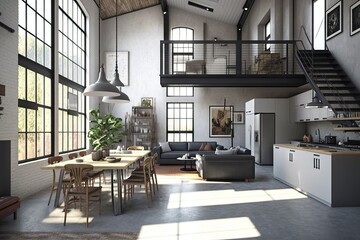Fototapeta na wymiar industrial home, with sleek and minimalist design, featuring open floor plan, created with generative ai