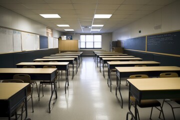 Fototapeta premium empty classroom with rows of desks facing front and blackboard in the background, created with generative ai
