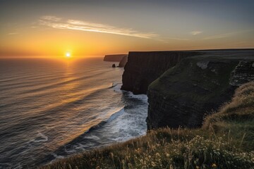 coastal cliff view, with the sun setting over the horizon, and silhouetting the cliffs, created with generative ai