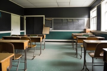 empty classroom with blackboard and white chalk for writing, created with generative ai