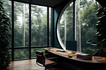 office with a view of a lush forest, surrounded by greenery, created with generative ai