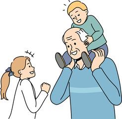 Senior grandfather playing with little grandkids