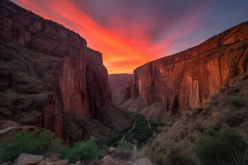 fiery sunset, with the sun dipping behind canyon walls, casting warm glow on towering cliffs, created with generative ai