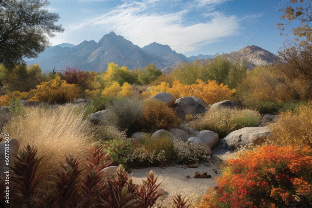 Wall mural autumn landscape with view of mountain range, featuring drought-tolerant and native plants, created with generative ai