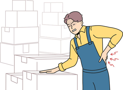 Unhealthy worker suffer from backache working in warehouse