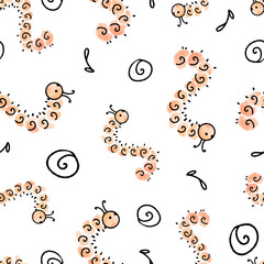 Cute Funny Watercolor Worms Vector Seamless Pattern