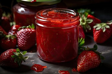 close-up of fresh strawberry jam, with the bright red berries visible, created with generative ai