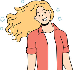 Smiling woman with curly hair enjoy walking