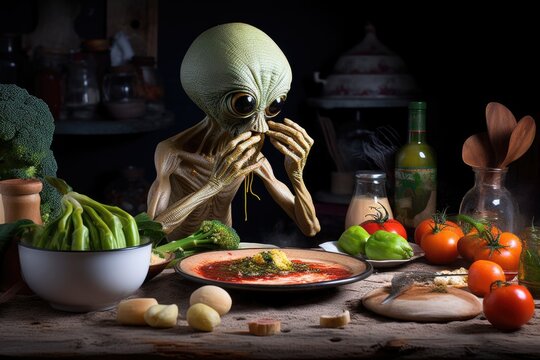 humorous image of alien participating in bizarre human activity, such as eating strange food or dancing, created with generative ai