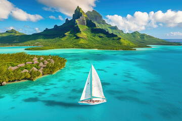 Aerial view of a lone sailboat drifting through crystal-clear waters, with the lush jungle-covered mountain of Bora Bora in the distance - Generative AI - obrazy, fototapety, plakaty