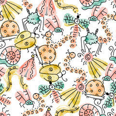 Watercolor Doodle Bugs Vector Seamless Pattern