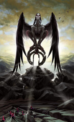 illustration of an evening fantastic landscape with large stones in the foreground and a huge dark angel sitting on a stone with large wings in which riders throw spears. no AI