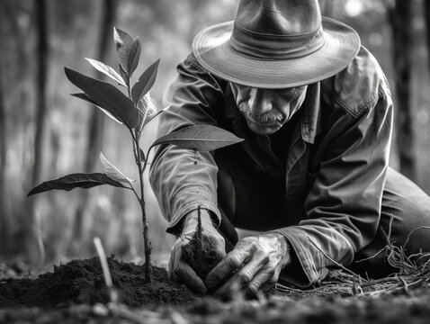 An old or elderly man planting a Tree sapling or seedling in summer