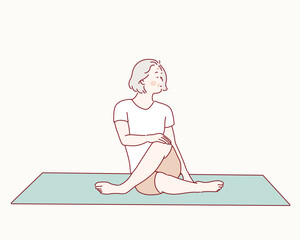 Senior woman doing sports, grandmother character doing morning exercises. Hand drawn style vector design illustrations.