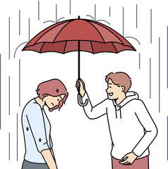 Caring man cover unhappy woman with umbrella