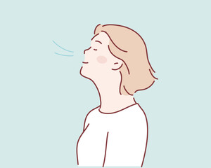 Girl is doing breathing exercise, deep exhale and inhale. Breathing exercise. Hand drawn style vector design illustrations. - obrazy, fototapety, plakaty