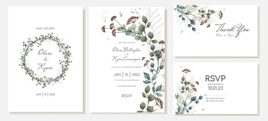Elegant set of rustic wedding invitations and thank you cards with plants, leaves and dried flowers. Vector template