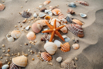 Seashell and starfish on the summer beach shore in sea water. Summer holidays illustration - sea inhabitants on a tropical exotic beach sand against a sunny seascape. Generative AI.