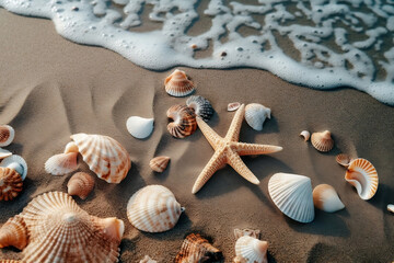 Fototapeta na wymiar summer beach shore with starfish and seashell in sea water. Summer holidays illustration - sea inhabitants on a tropical exotic beach sand against a sunny seascape. Generative AI.
